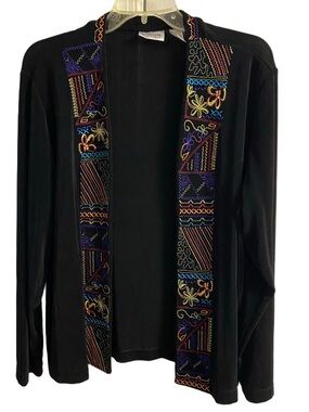 Chico's Travelers Black Open Front Cardigan Jacket Embroidered Floral Trim XL
